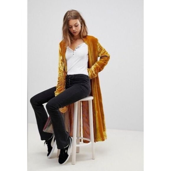 RARE Free People Golden Crushed Velvet Maxi Duster | Boho Cottagecore Whimsigoth - Picture 13 of 16